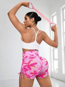 SHEIN Sports Quần short thể thao dây rút in hoa tập yoga, chạy bộ - Hồng - Xem 4