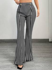 SHEIN SXY Pantalones de pierna acampanada con estampado de pata de gallo casuales y para ir al trabajo para mujeres - Gris - Ver 6