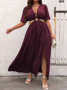 SHEIN Clasi Plus Size Crew Neck Solid Ruffle Sleeve Casual Slit Dress, Summer Maxi Women Outfit - Maroon - View 3