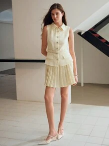 MOTF STUDIO TWEED FLAP DETAIL BUCKLE BELTED PLEATED HEM SHORT DRESS