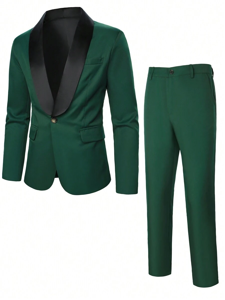 Manfinity Mode Men's Barley Collar Single-Breasted Long Sleeve Suit Jacket & Pants Set, Men 2 Pieces Outfits Green - Green - View 1
