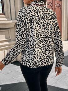 SHEIN Clasi Leopard Print Color Block Trim Casual Shirt, Spring Autumn