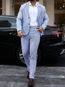 Manfinity Mode Men's Notched Collar Pocket Long Sleeve Top And Pants Suit - Blue and White - View 3