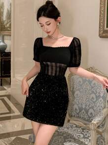 DAZY Back To School Sparkling Sequined Mini Bodycon Skirt For Women Prom Skirting New Years Women Outfit Carnival - Black - View 6