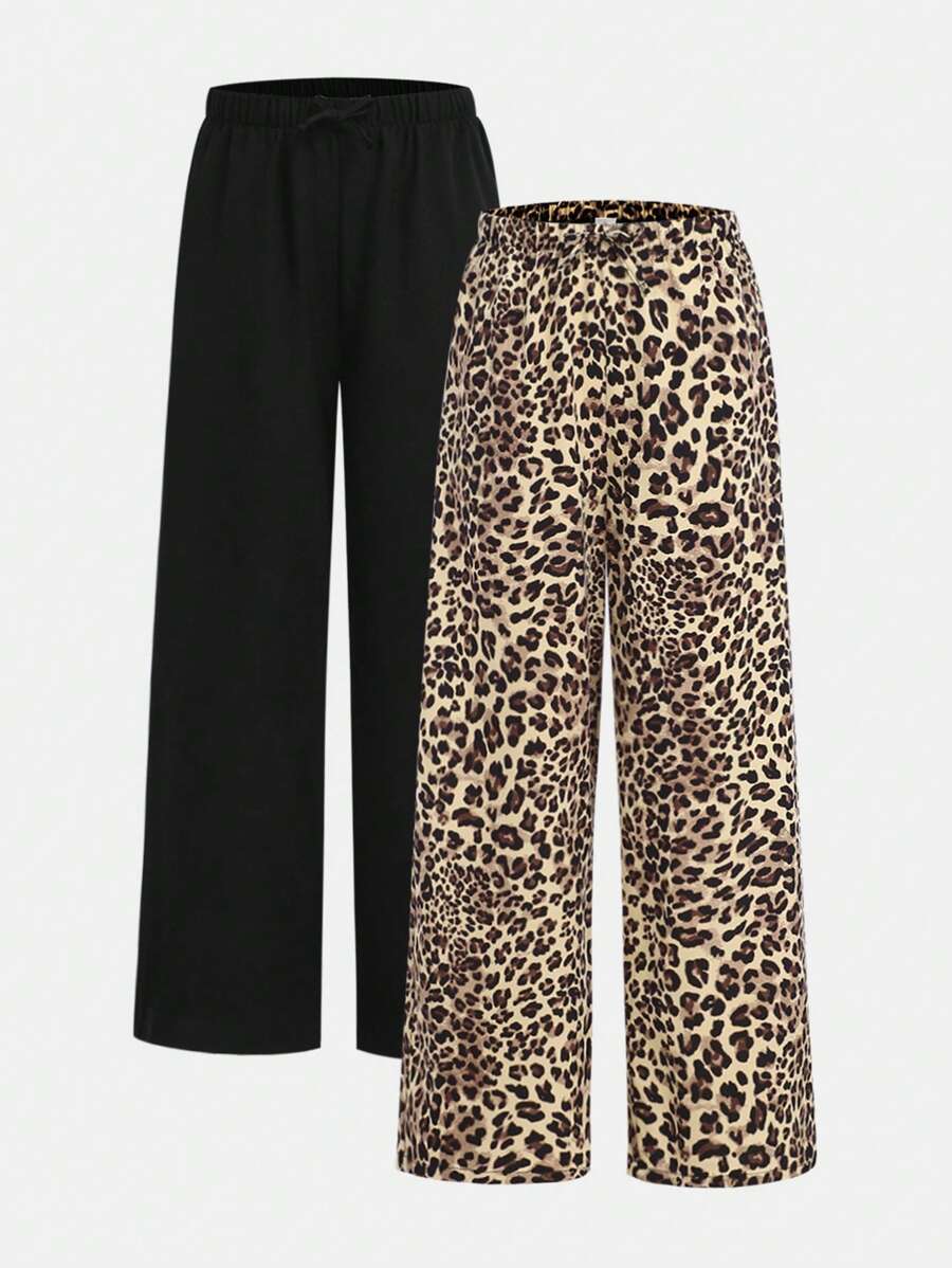 SHEIN Girlism 2pcs Set Tween Girls Loose Leopard Wide Leg Pants And Solid Black Wide Leg Pants Chic Outfits For Autumn/Winter