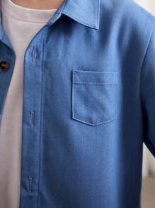 Cozy Pixies Camisa casual de unicolor con solapa, hombros caídos y bolsillo parche para niño joven