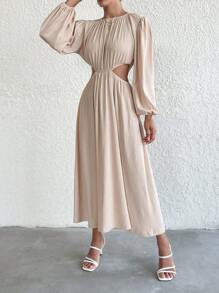 EURMUSE Petite Cut Out Waist Lantern Sleeve Dress - Camel - View 5