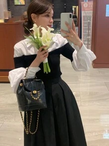 DAZY 女式撞色长袖二合一衬衫，秋季服装