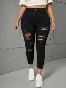 SHEIN CURVE+ Plus Size High Stretchy Ripped Denim 7/8 Jeans, Black - Black - View 1