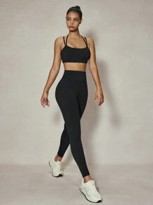 SHEIN Sports Conjunto básico de entrenamiento con tirantes de espagueti para fitness, realzador de escote y espalda, push up, pantalón de cintura alta, conjunto de yoga de 2 piezas con caderas de durazno