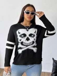 Flirla Plus Size Casual Intarsia Skull Pattern Crew Neck Long Sleeve Sweater Knit Pullover Fall Winter Outfit Autumn