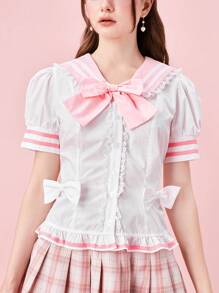 ROMWE Kawaii 女式学院风海军蓝领结荷叶边下摆衬衫，学校 - 白色 - 查看 4