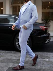 Manfinity Mode Men's Notched Collar Pocket Long Sleeve Top And Pants Suit - Blue and White - View 6