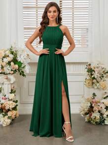 SHEIN Belle Sleeveless Pleated Halter High Slit Waist Elegant Bridesmaid Dress - Dark Green - View 6