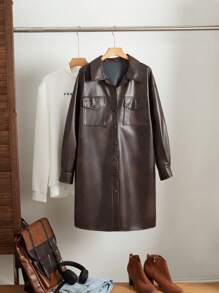 SHEIN EZwear Große Größen Jacke mit Einzelreiher, Taschen, Langarm, charmant, sophisticated, modisch, cool - Braun - Übersicht 1