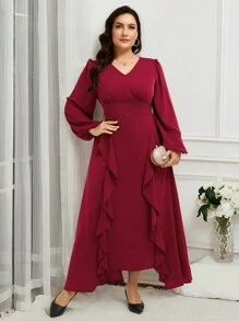 Modelyn Burgundy Red Plus Size Women's Plain Simple Daily Wear Arabesque Style Long Sleeve Blouse With Ruffle Hem Long Evening Dresses - Burgundy - View 3