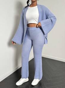 Zolique 女士毛衣两件套针织开衫长袖纽扣宽松女毛衣裤女裤子中长款宽松蓝色性感套装朋友聚会四季秋冬女装 - 淺藍色 - 查看 6