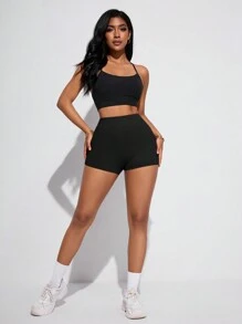 SHEIN Velisys Shorts esportivos sem costura, cintura alta e cor sólida - Preto - Ver 12