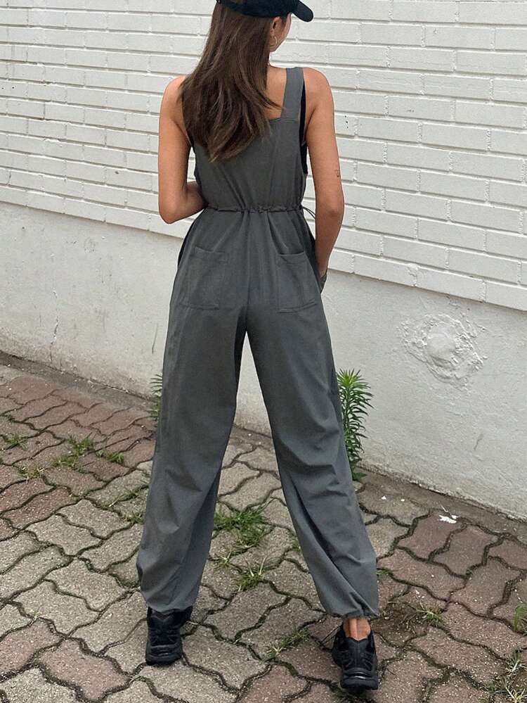Women Solid Color Suspender Cargo Pants With Drawstring