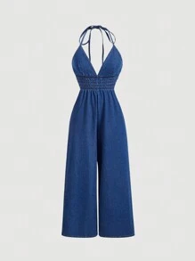 SHEIN MOD Bộ áo liền quần bằng vải denim có dây buộc lưng dành cho nữ, trang phục thường ngày - Rửa tối - Xem 1