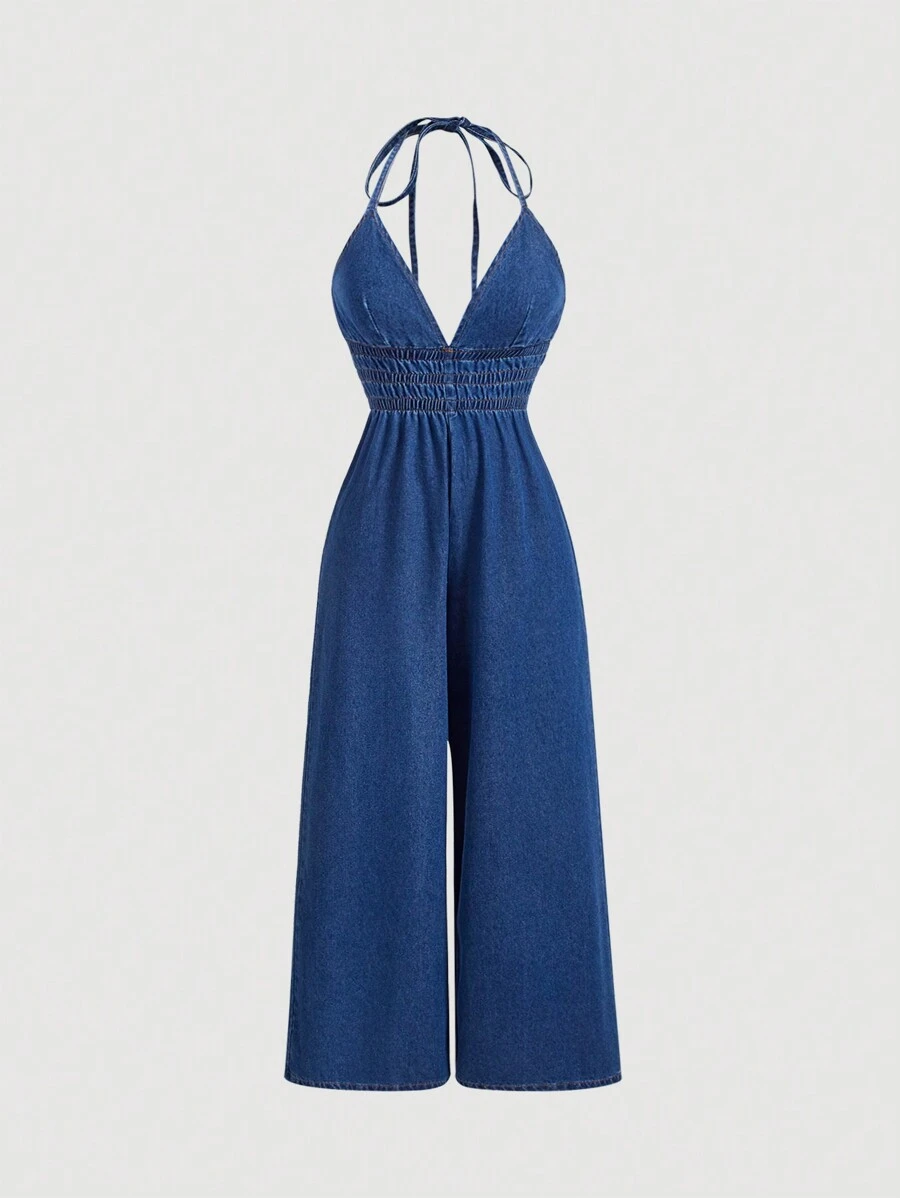 SHEIN MOD Bộ áo liền quần bằng vải denim có dây buộc lưng dành cho nữ, trang phục thường ngày - Rửa tối - Xem 1