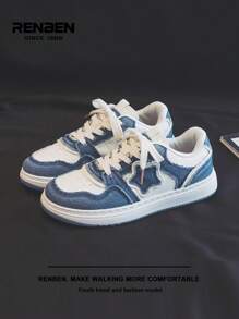 RENBEN 1 par Zapatos de patinaje y mezclilla con parches para mujer, con patrón de estrella vintage desgastado, casuales y cómodos