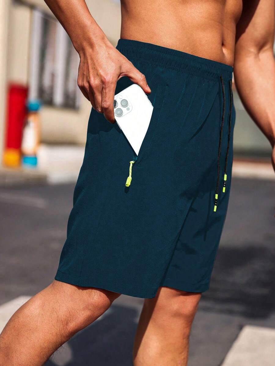 Manfinity Fitness Quần short nam kiểu boyfriend, cạp chun, khóa kéo, túi, thích hợp cho tập luyện thể thao, quần tập gym, quần thể thao. - Màu xanh hải quân - Xem 1