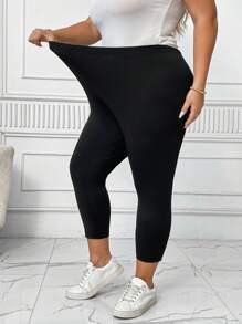 SHEIN CURVE+ 大码纯色高腰紧身裤，黑色，超强弹性，适合运动/休闲 - 黑色 - 查看 3