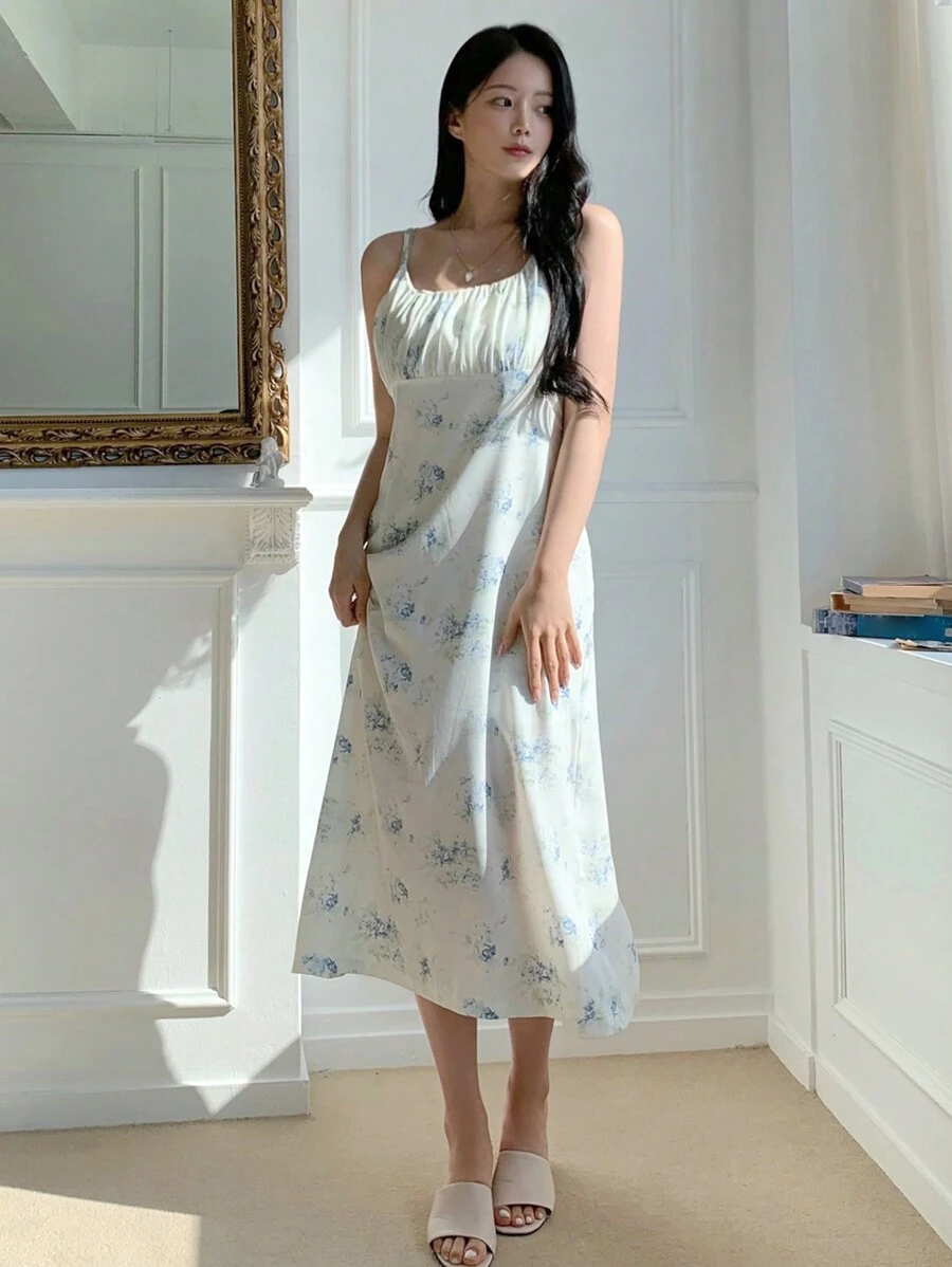 DAZY 女士休闲碎花细肩带中长连衣裙，夏季太阳裙 - 彩色 - 查看 1