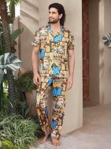 Men's Turndown Collar Button Front All-Over Print Short Sleeve Top And Pants Sleepwear Set - Yellow - View 6