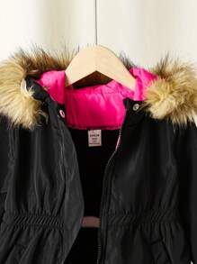 Young Girl Casual Patchwork Polar Fleece Hooded Jacket With Drawstring, Thick Warm Padded Coat - Multicolor - View 6