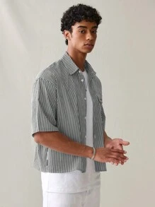 SWAVVY Men's Casual Loose Fit Striped Print Short Sleeve Shirt, Spring Summer - Black and White - View 6
