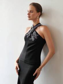 MOTF PREMIUM RHINESTONE DETAIL CRISSCROSS HALTER NECK BLOUSE - Black - View 8