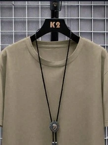 Manfinity Homme Men's Solid Color Crew Neck Short Sleeve Simple Casual T-Shirt - Khaki - View 4