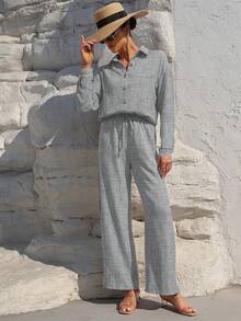 SHEIN Clasi 2 件套女式纽扣纯色衬衫和抽绳宽腿宽松裤套装 - 灰色 - 查看 6