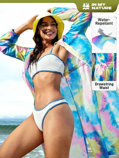 In My Nature Women's Outdoor Sports Printed Rain Jacket, Waterproof Windbreaker Hooded Drawstring Long-Sleeved Waistcoat