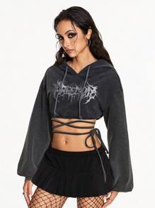 ROMWE Grunge Punk Sudadera holgada para mujer con estilo grunge, bordado gráfico, efecto desgastado, cintura con cordón y mangas exageradas