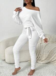 SHEIN SXY Spring/Autumn Casual Asymmetrical Shoulder Warm Home White Batwing Sleeve Jumpsuits - White - View 6