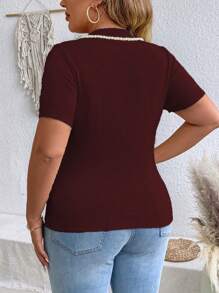 SHEIN LUNE Plus Size Women's Round Neck Short Sleeve Faux Pearl Decorated Knitted Top, Casual Daily Wear - Burgundy - View 2