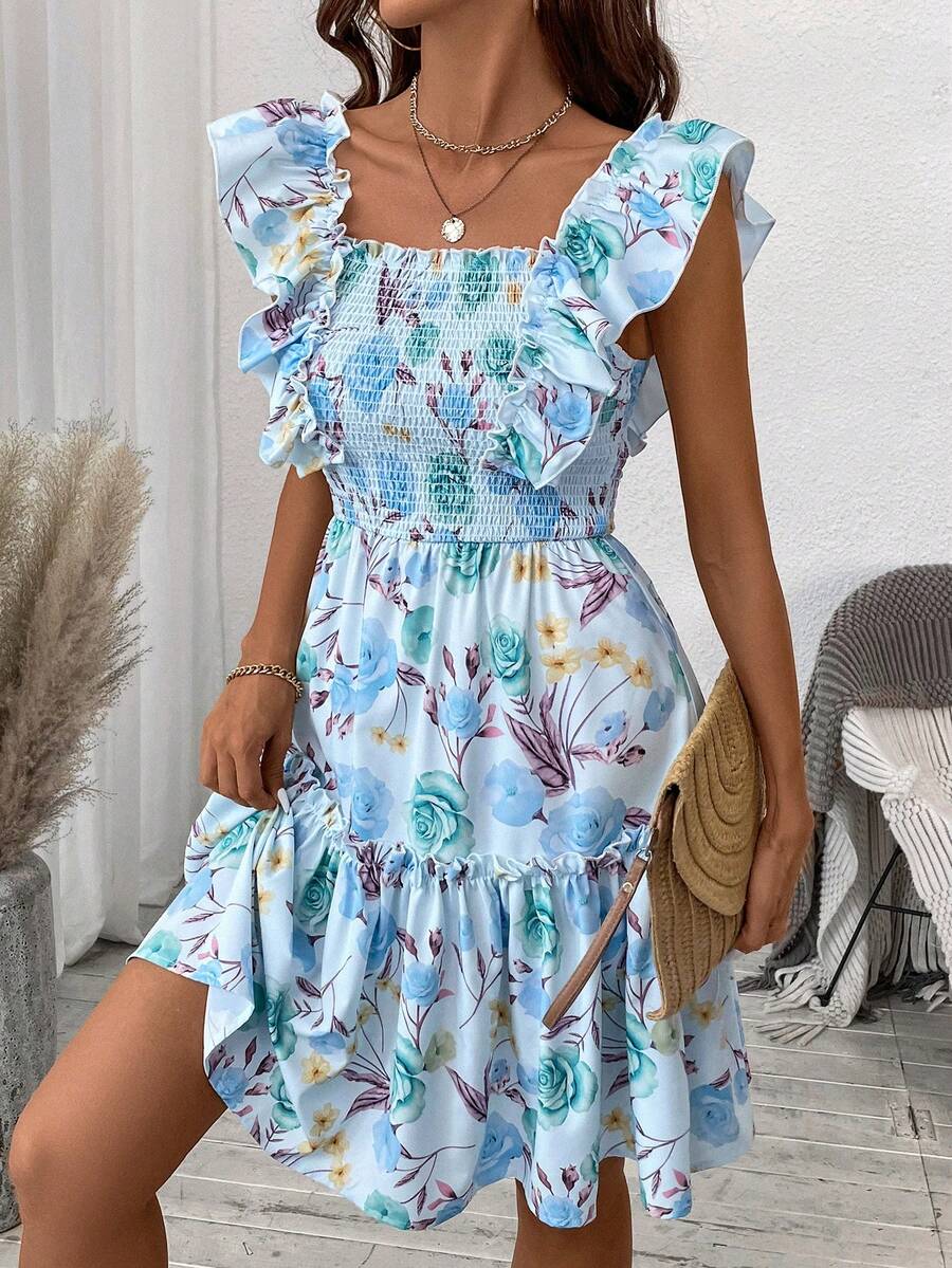 Breezaya Đầm xòe in hoa mùa hè thông thường, thiết kế hoa ngẫu nhiên - Nhiều màu - Xem 1
