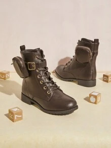 Mini mi 儿童时尚棕色系带战斗靴，带可拆卸袋，灵感来自 Proda，时尚，适合任何冒险 - 棕色 - 查看 3