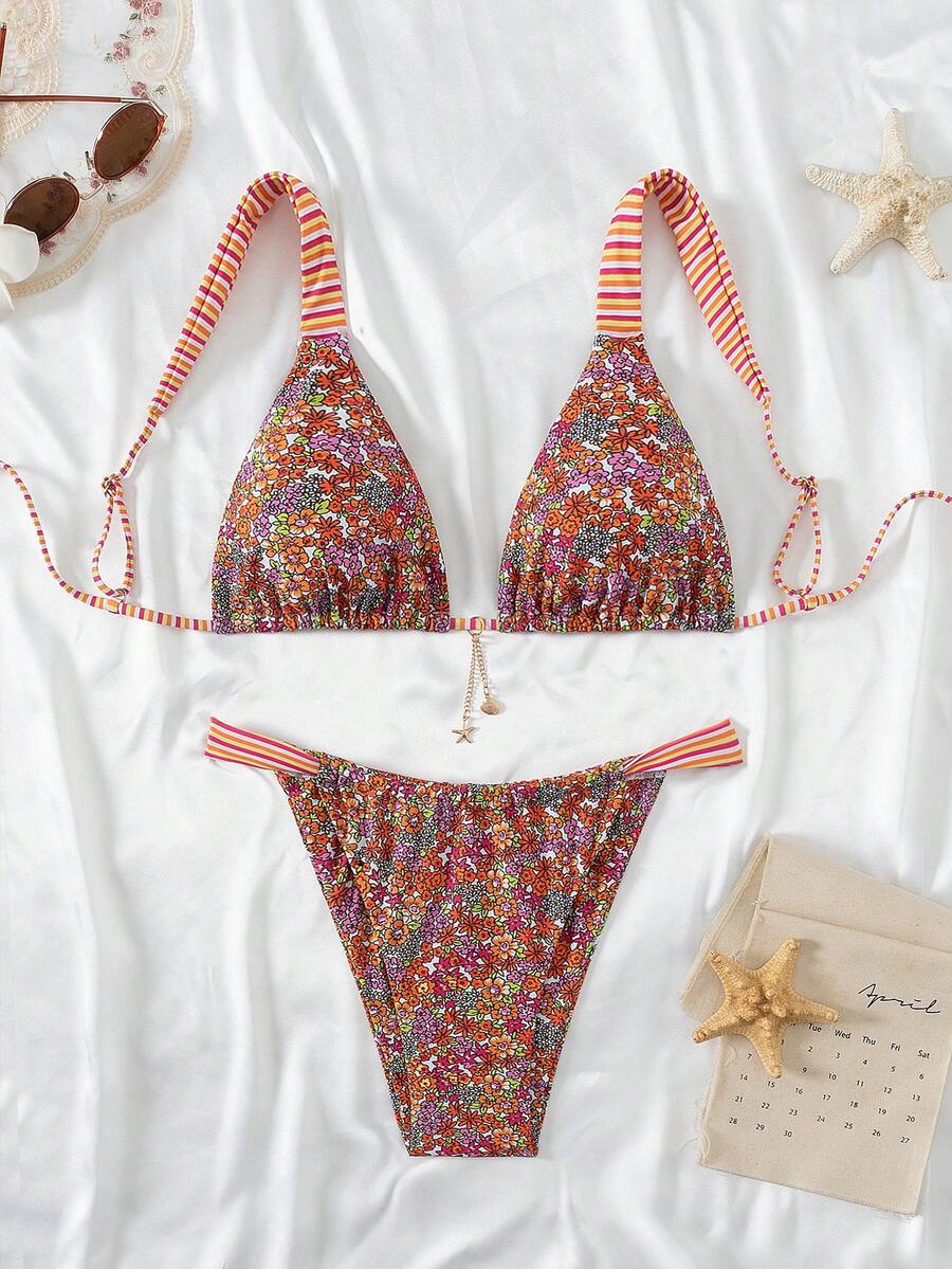 Swim Mod Áo hở vai họa tiết hoa ngẫu nhiên và quần hoa toàn thân kết hợp với trang phục bikini hai mảnh họa tiết sao biển mùa hè cho nữ - Nhiều màu - Xem 1