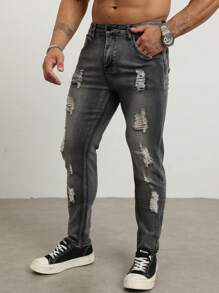 Manfinity LEGND Men's Front Button Multiple Pockets Distressed Denim Jeans, Casual Wear