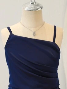 SHEIN Tween Girls Long Slit Elegant Spaghetti Strap Dress For Stage Performance, Wedding, Birthday Party - Navy Blue - View 4