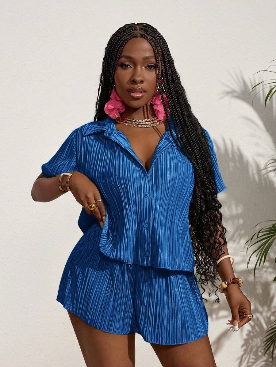 Slaydiva 2 件套：女士海滩度假褶皱条纹衬衫 - 薄荷藍 - 查看 1