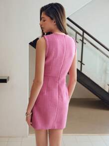 MOTF STUDIO SOLID ZIPPER BACK PATCH POCKET SHORT DRESS, NEW YEAR OUTFIT - Pink - View 7