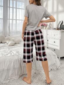 2pcs Set: Short Sleeve Letter Print Top And Plaid Lounge Pants, Casual Wear - Grey - View 2