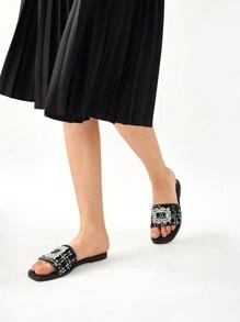 CUCCOO CHICEST Square Toe Comfortable Rhinestone Buckle Women's Flat Sandals, Fashionable Halloween - Black - View 4