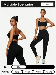 SHEIN Sports Conjunto básico de entrenamiento con tirantes de espagueti para fitness, realzador de escote y espalda, push up, pantalón de cintura alta, conjunto de yoga de 2 piezas con caderas de durazno