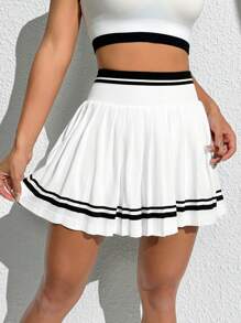 CourtClass Contrast Stripe Waist Ruched Seamless Sports Pleated Tennis Skirt, Casual Everyday Wear Athletic Skirt - White - View 6